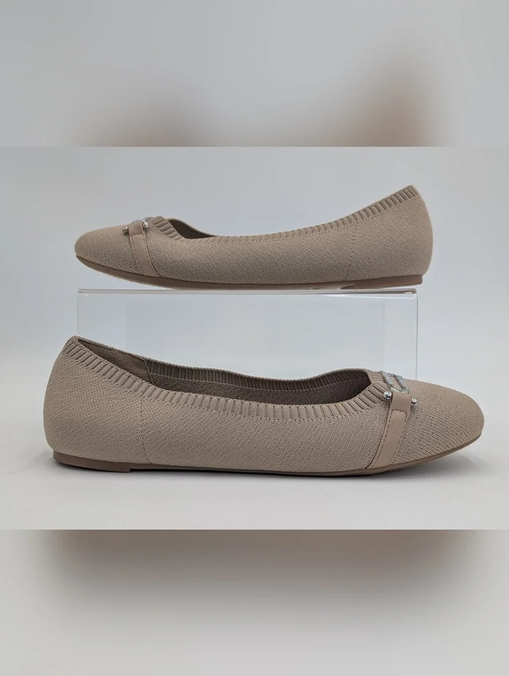 Nautica Halidon Sz 8 Taupe Knit Upper Silver Equestrian Style Buckle Ballet Flat